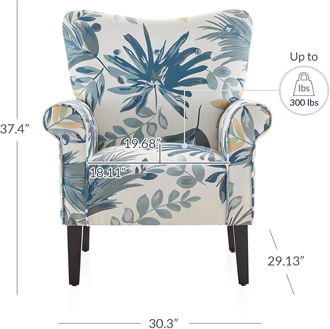 BELLEZE Modern Accent Chair for Living Room, High Back Floral Armchair w/Wooden Legs, Upholstered Wingback Side Chair Padded Armrest Single Sofa for Living Room, Bedroom - Allston (Green Blue Floral)-Ruum Studio Home