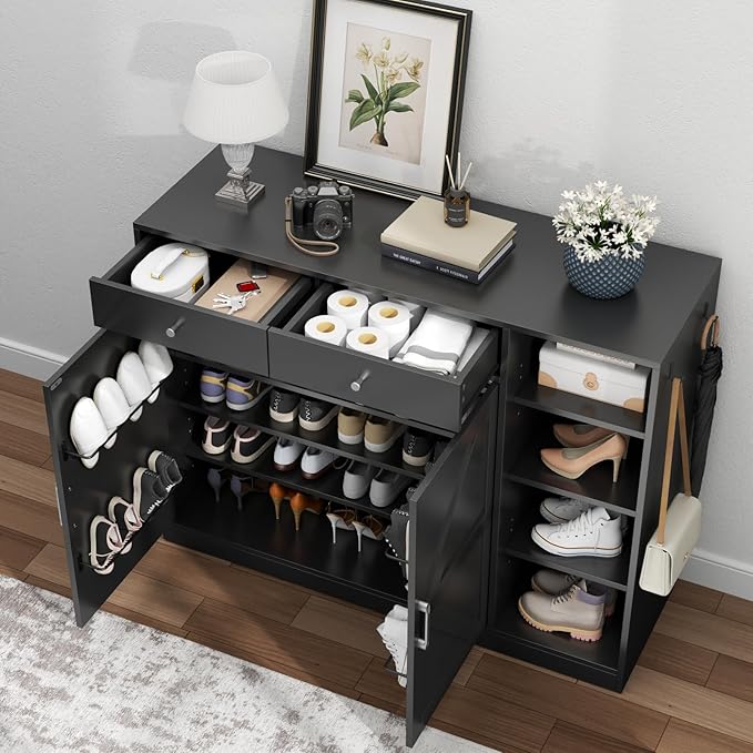 Loomie 5-Tier Shoe Cabinet with 4 Side Cubbies, Farmhouse Shoe Rack Cabinet with 6 Adjustable Shelves & 2 Drawers, Freestanding Shoe Storage Cabinet with 4 Brackets & 2 Hooks for Entryway (Black)-Ruum Studio Home