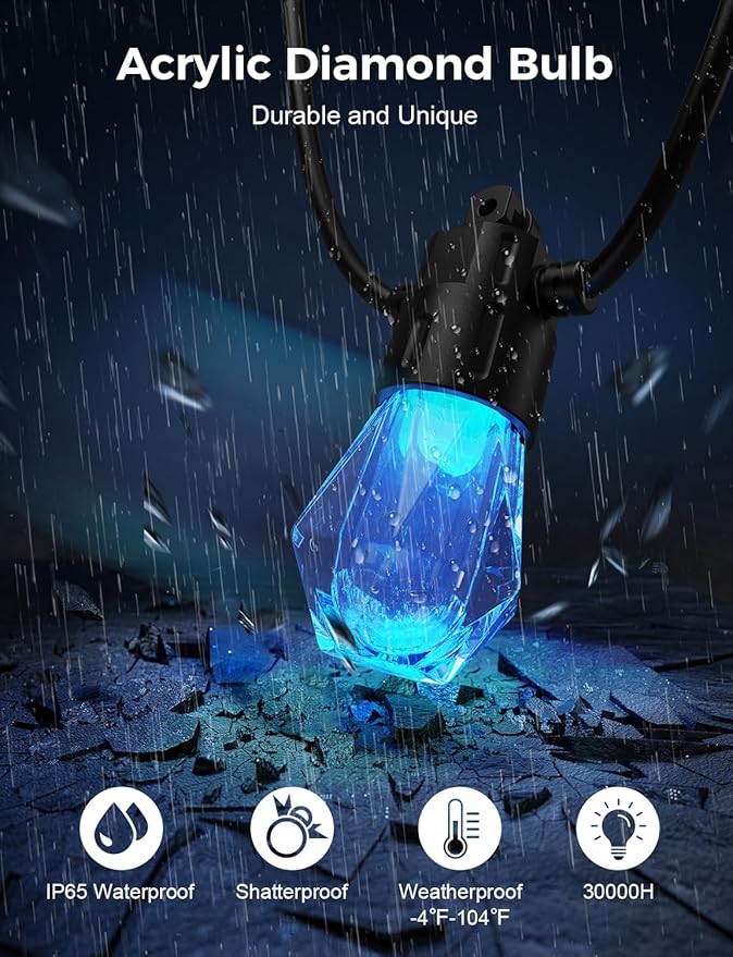 XMCOSY+ 96FT Smart Outdoor String Lights - RGBCWIC Dimmable Acrylic Bulbs, Color Changing LED Patio Lights APP WiFi Control, Compatible with Alexa, IP65 Waterproof Outdoor Lights for Backyard Porch-Ruum Studio Home