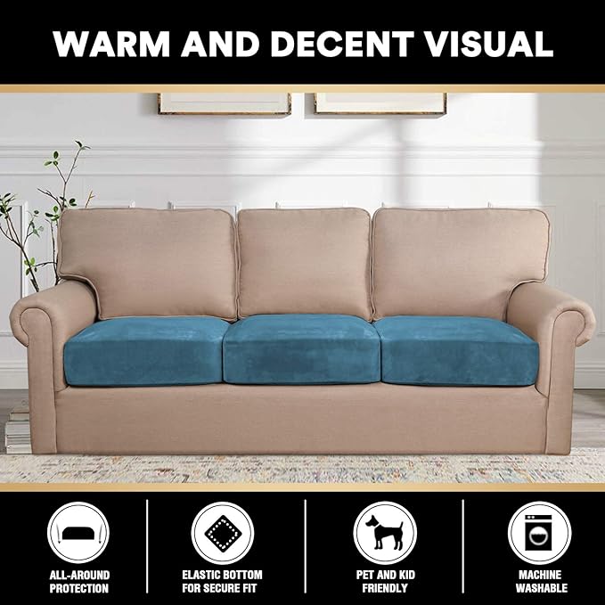 PrinceDeco Couch Cushion Covers, Stretch Washable Sofa Cushion Cover, Fitted Sofa Slipcover Velvet Fabric Non-Slip Furniture Protector for Dog,Pets, Kid (Each Width Up to 29.5", Blue)-Ruum Studio Home