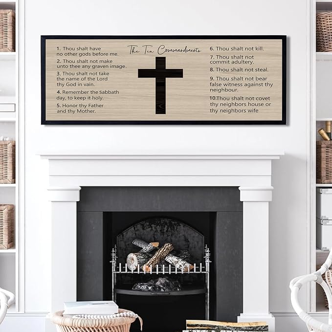 Ten Commandments Rustic Bible Verse Framed Wall Art 40" x 15" Black Religious Christian Slogan Representing God Jesus Christ Prayer Vintage Holy Inspirational Catholic Scripture Decor-Ruum Studio Home