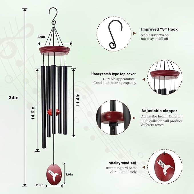 Hummingbird Wind Chimes – 33" Outdoor Tuned Melody Wind Chime, Soothing Memorial Gift for Mom & Grandma, Weather-Resistant Metal Chimes for Garden, Patio, Yard & Home Décor-Ruum Studio Home