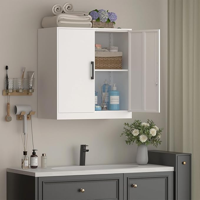 Wall Cabinet,Lockable Storage Cabinets with Adjustable Shelf,Locking Wall Storage Cabinet with Doors for Laundry Room,Home Office,White-Ruum Studio Home
