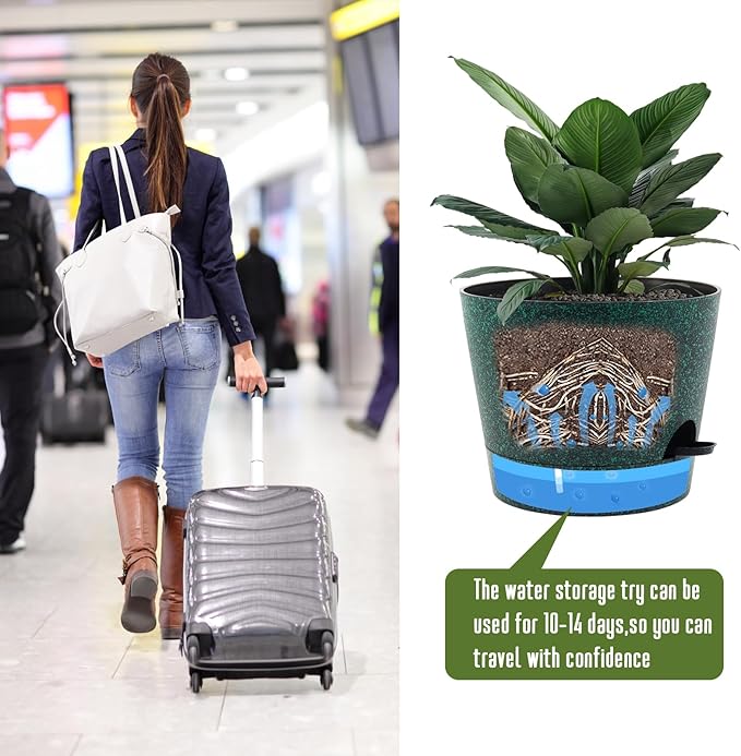 Self Watering Pots for Indoor Plants,12 inch Planters with Drainage Holes Plastic Flower Pots with Deep Reservoir, Black with Green Speckles-Ruum Studio Home
