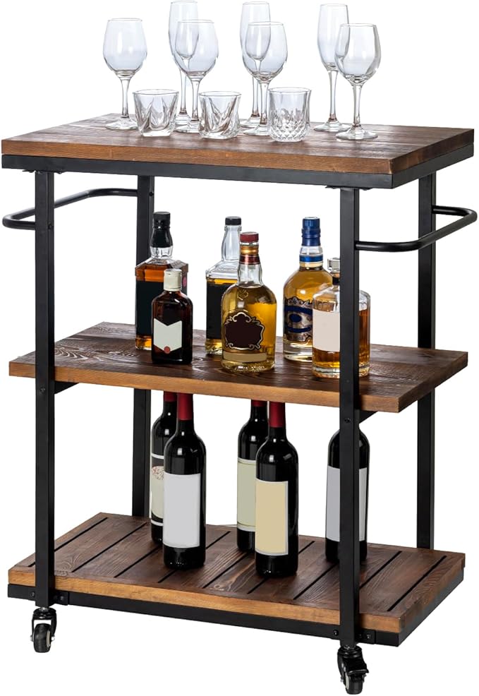 Bar Carts for The Home, Rolling Home Bar Serving Cart on Wheels, 3 Tier Portable Bar Cart, Rolling Coffee Cart with Lockable Wheels, Rustic Burnt Solid Wood and Industrial Matte Black Metal-Ruum Studio Home