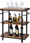 Bar Carts for The Home, Rolling Home Bar Serving Cart on Wheels, 3 Tier Portable Bar Cart, Rolling Coffee Cart with Lockable Wheels, Rustic Burnt Solid Wood and Industrial Matte Black Metal-Ruum Studio Home