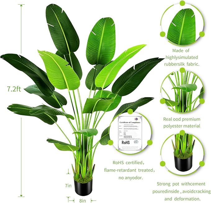 7.2ft Artificial Silk Bird of Paradise Palm Tree (85in) with 17 Trunks Faux Tree and Plastic Nursery Pot, Fake Plant for Office House Farmhouse Living Room Home Decor (Indoor/Outdoor)-Ruum Studio Home