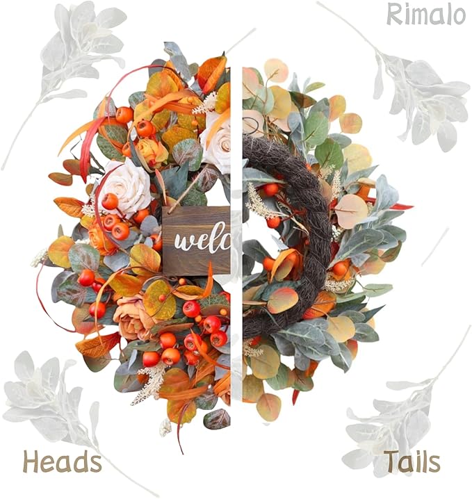 Fall Wreath for Front Door, 24 Inch Autumn Wreath with lamb's Ear Leaves, Roses, Berries & Wooden Sign,Fall Decorations for Home, Artificial Flowers Harvest and Thanksgiving Indoor & Outdoor-Ruum Studio Home