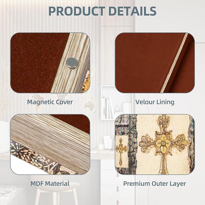 Vintage Style Wooden Decorative Book Box - Faux Leather, Christian Cross Pattern, Gift Idea-Ruum Studio Home