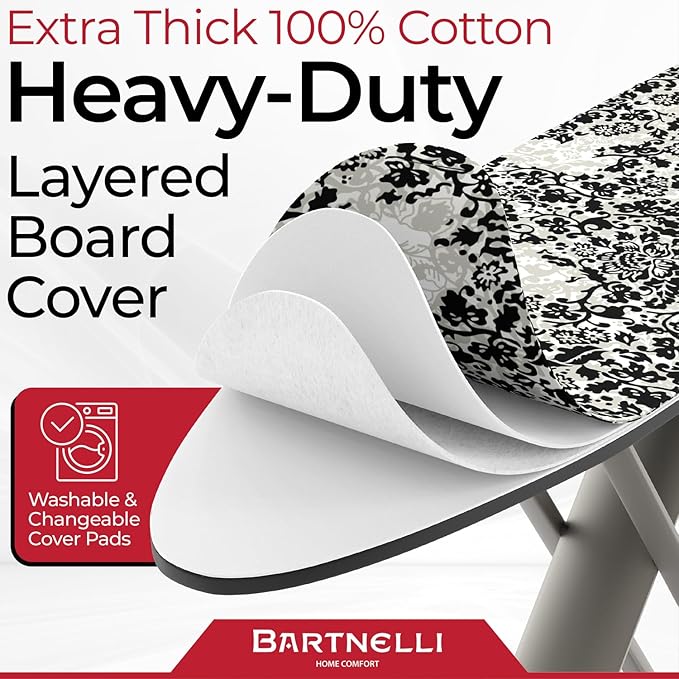 Bartnelli Pro Luxury Ironing Board - Extra Wide 62x19” Steam Iron Rest, Adjustable Height, T-Leg Foldable, European Made-Ruum Studio Home