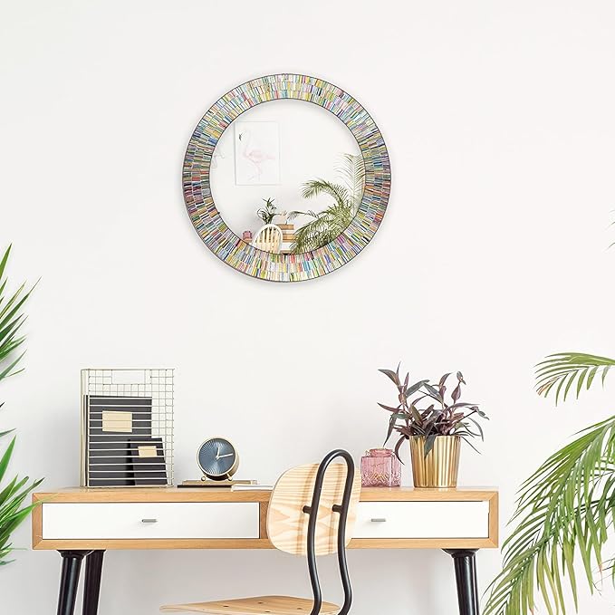 Bohemian Rainbow Wall Mirror -Glass Mosaic Mirror Decorative Wall Mirror, Multi Color Spectrum Wall Mountable, 24" Multi-Color Round Framed Mirror-Ruum Studio Home