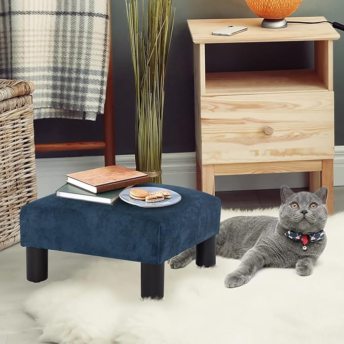 Joveco Small Foot Rest Stool Ottoman, 15" Fabric Square Short Low Footstool Upholstered Footrest for Chair, Under Office Desk, Living Room, Navy Blue-Ruum Studio Home