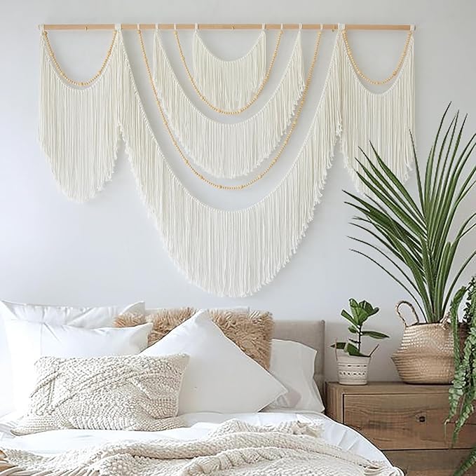Flber Large Macrame Wall Hanging – Boho Yarn Art Garland with Tassels and Beads, Handmade Rope Decor for Nursery, Party, Wedding, Bedroom, Fireplace Mantel, or Photo Backdrop 57" W x 41" L-Ruum Studio Home