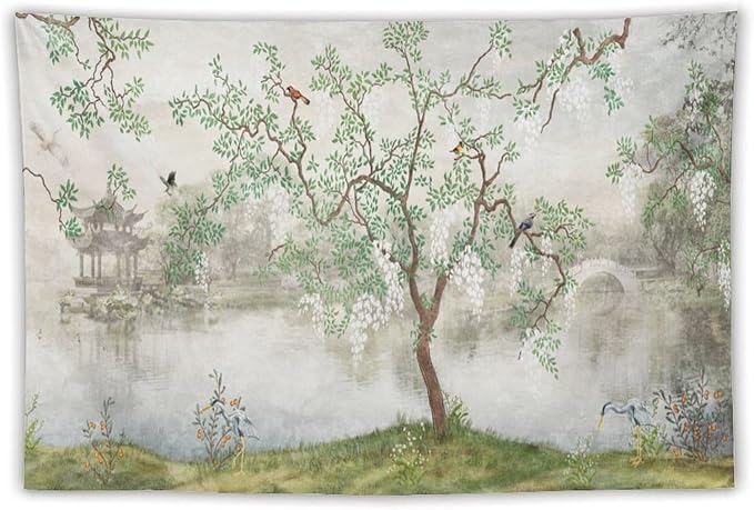 HZOHNAGO Japanese Tapestry Tree Misty Garden Lake Printed Wall Tapestry Ink Painting Wall Hanging for Bedroom Living Room Dorm 90" W x 60" H-Ruum Studio Home