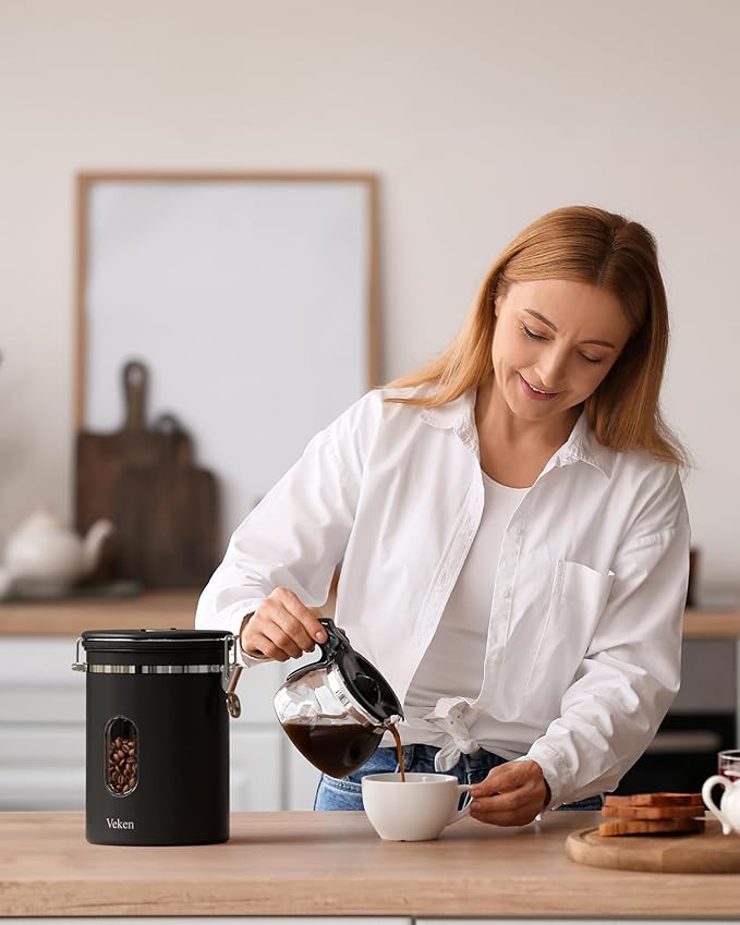 Veken Large Coffee Canister with Window, Rice Kitchen Food Storage Airtight Stainless Steel Container with Lids, Date Tracker and Scoop, Grounds, Beans, Tea, Flour, Cereal, Sugar Jars, 38oz, Black-Ruum Studio Home
