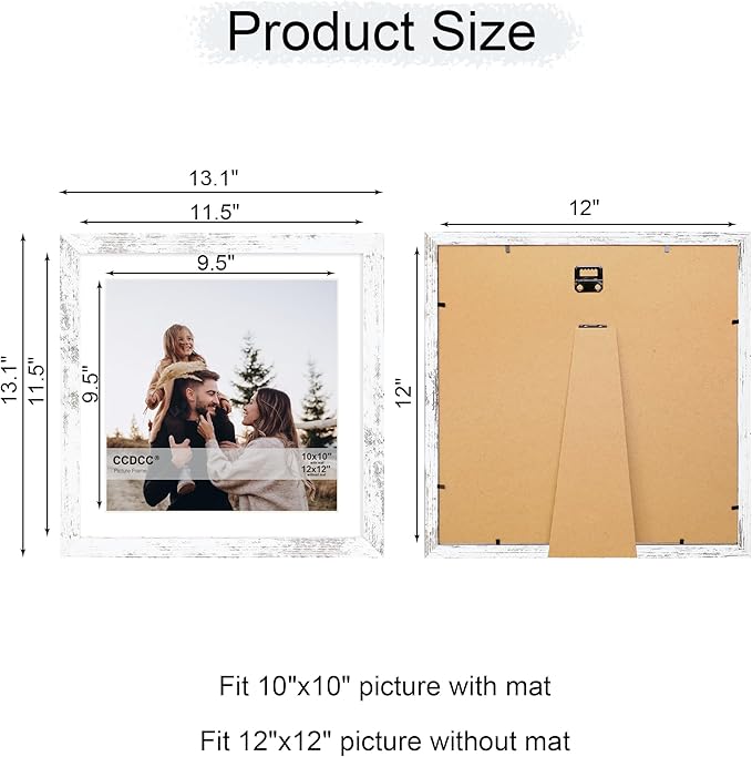 12x12 Picture Frame Set of 4, 12 x 12 Wood Photo Frames with Mat for 10x10 or 30x30cm Diamond Painting Art, Wooden Frame with Real Glass Cover for Wall and Tabletop Display,Distressed White-Ruum Studio Home