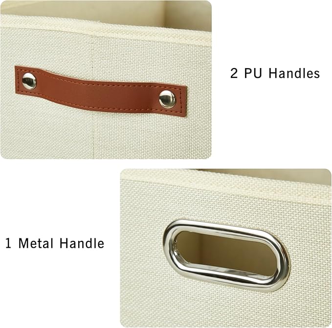 3-Pack Foldable Fabric Storage Bins with Durable PU & Metal Handles , Collapsible Storage Baskets for Shelves, Home Storage, Closet Organizers, Living Room(17"x11.8"x11.8", Beige)-Ruum Studio Home