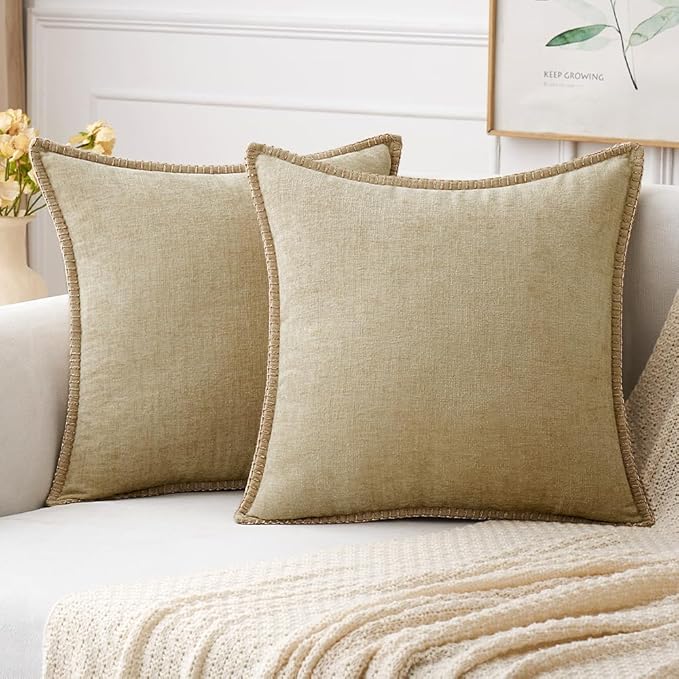 MIULEE Pack of 2 Couch Throw Pillow Covers 18x18 Inch Beige Farmhouse Decorative Pillow Covers with Stitched Edge Soft Chenille Solid Dyed Spring Pillow Covers for Sofa Bed Living Room-Ruum Studio Home