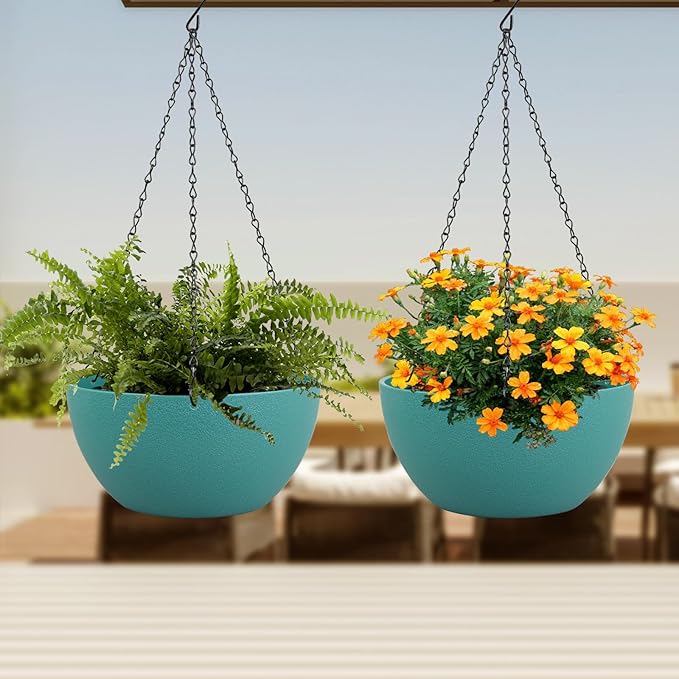 12 inch Large Hanging Planters for Indoor Outdoor Plants, 2 Pack Hanging Flower Plant Pots with Drainage Holes and Chain for Garden Porch, Plastic Hanging Baskets for House Plants, Blue Green-Ruum Studio Home