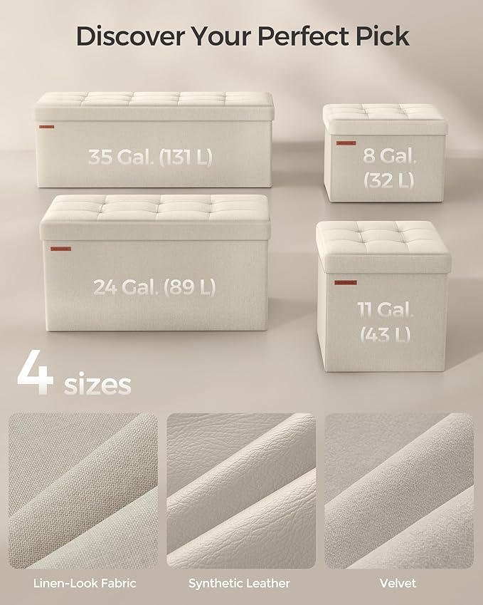 SONGMICS MAZIE Collection - 43 Inches Folding Storage Ottoman Bench, Ottoman Foot Rest, End of Bed Bench, Storage Chest, Load 660 lb, for Living Room, Bedroom, Entryway, Cream White ULSF77BE-Ruum Studio Home