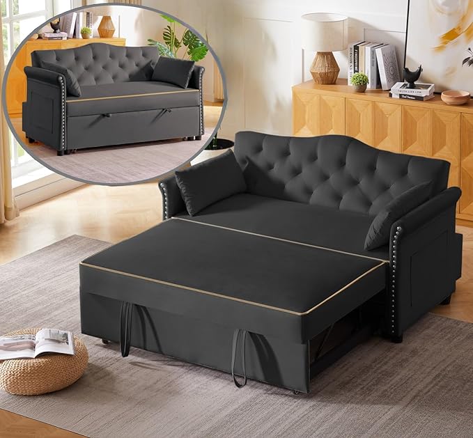 57-Inch Velvet Full Size Sleeper Sofa Couch with Pullout Bed,Convertible Pull Out with Golden Decorative Strip and Adjustable Backrest for Small Spaces,Apartment, Guest Room, RV (Black)-Ruum Studio Home