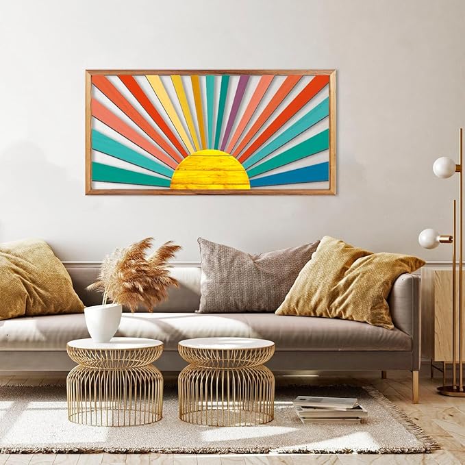 IARTTOP Large Boho Sun Wall Art Framed Wooden Art Wall Decor Sun Geometric Line Sunshine Wall Art for Living Room Bedroom Office 16"" x32, red-Ruum Studio Home