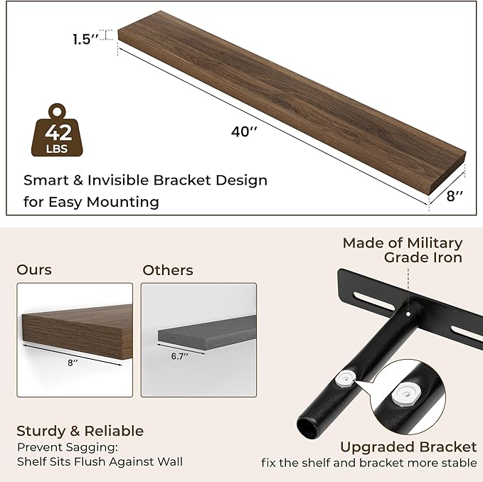 RICHFOCUS 40Inch Floating Shelves for Wall 2 Pack Shelves for Bedroom|Kitchen|Bathroom Wall Mounted Rustic Wood Floating Shelf with Invisible Brackets for Books|Storage|Decor, Walnut-Ruum Studio Home