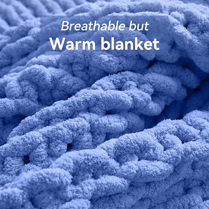 Chunky Knit Throw Blanket, 50''*60'' Knitted Throw Chenille Yarn for Bed Couch, Handmade Light Blue Crochet Big Thick Blanket, Machine Washable Cute Comfy Blanket for Home Decor-Ruum Studio Home