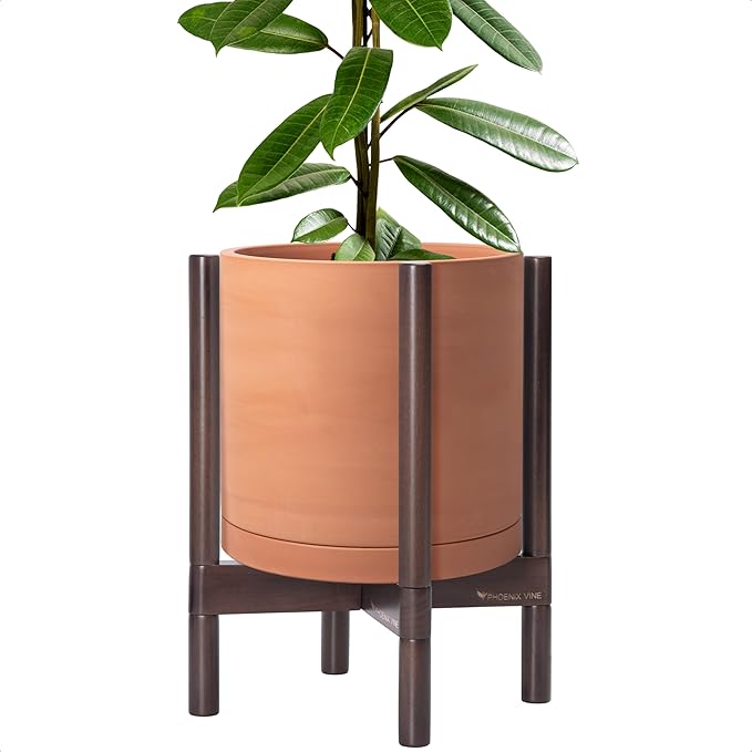 D'vine Dev Terracotta Planter with Walnut Color Stand - 12 Inch Modern Round Flower Pot with Wood Planter Holder, Terracotta, 55-B-W-5-Ruum Studio Home