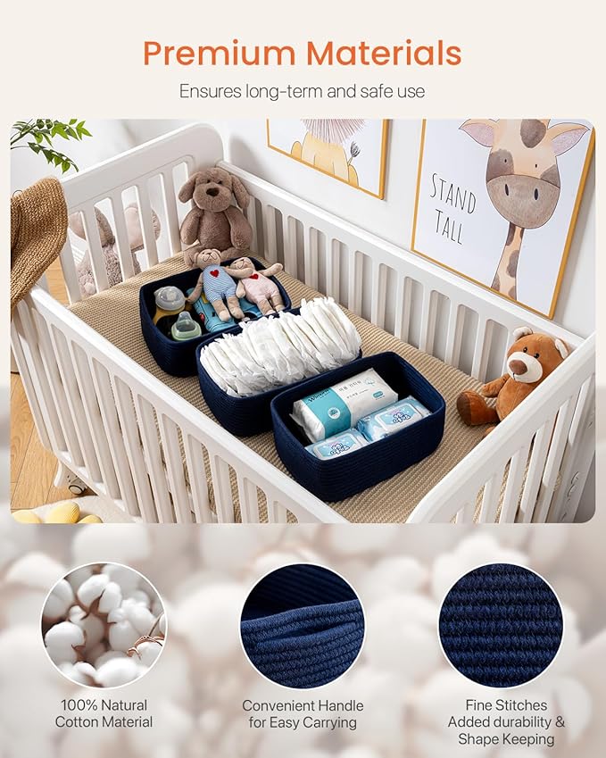 Small Woven Basket, 13.5 x 9.5 x 5 Inches, Storage Basket for Organizing, Cute Small Rope Shelf Closet Cube Storage Bins Baskets for Shelves, Dog Toy Gift Baskets Empty, 3 Packs, Navy Blue-Ruum Studio Home