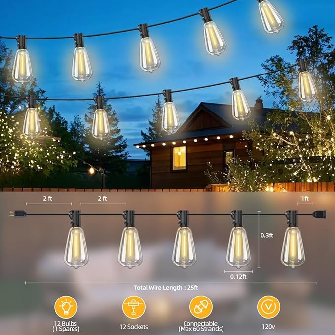 ST38 Outdoor String Lights 25FT with 12+1 LED Bulbs, E12 Socket, Waterproof Commercial Grade, 2700K Warm White for Garden, Backyard, Bistro, Patio, Porch, Deck, Gazebo, Wedding Decor-Ruum Studio Home