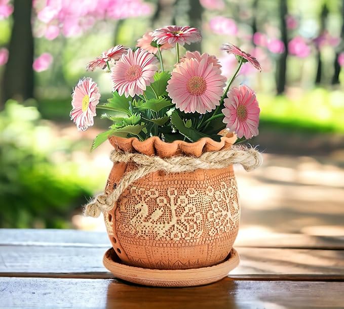 Ceramic Pot with Drainage Hole and Saucer, Plant Pots, Modern Decorative Planters for House Plants Indoor Flowers Plants, Cute Flower Pot - Gifts (Birds (1.7 L))-Ruum Studio Home