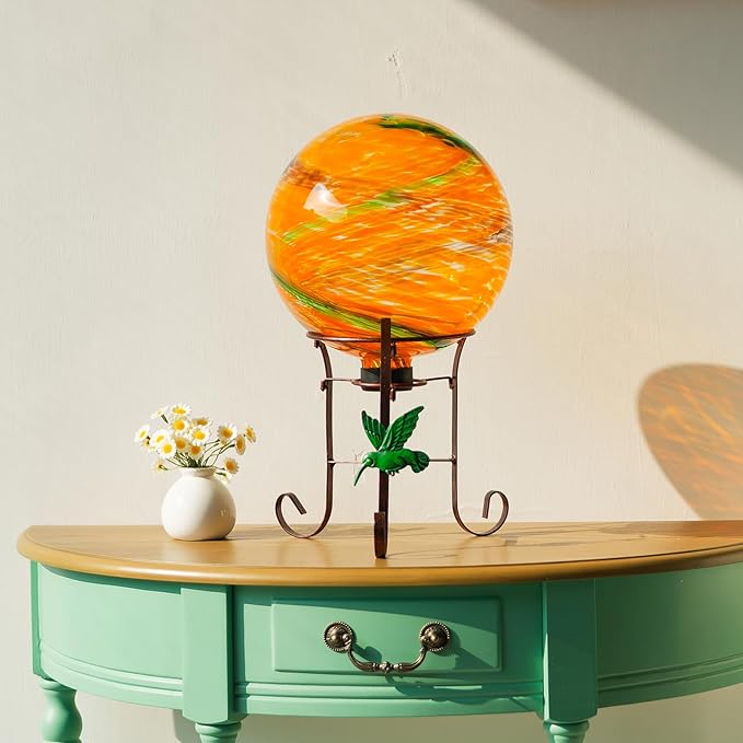 10 Inch Glass Gazing Ball, with 9.4" Tall Metal Gazing Globe Stand, Glass Balls Display Holder Set for Outdoor Garden Lawn Yard Decoration, Sunset Sky-Ruum Studio Home