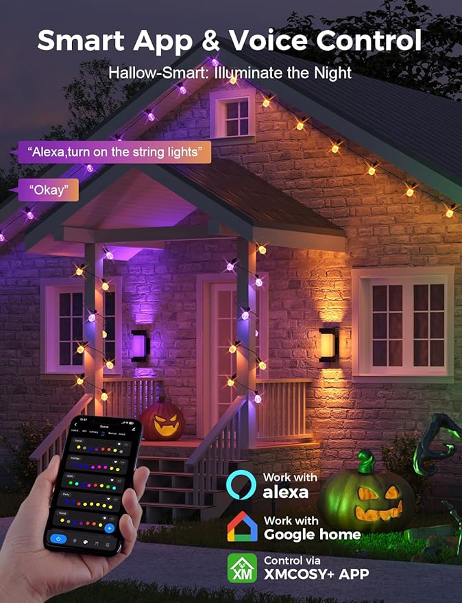 XMCOSY+ 96FT Smart Outdoor String Lights - RGBCWIC Dimmable Acrylic Bulbs, Color Changing LED Patio Lights APP WiFi Control, Compatible with Alexa, IP65 Waterproof Outdoor Lights for Backyard Porch-Ruum Studio Home