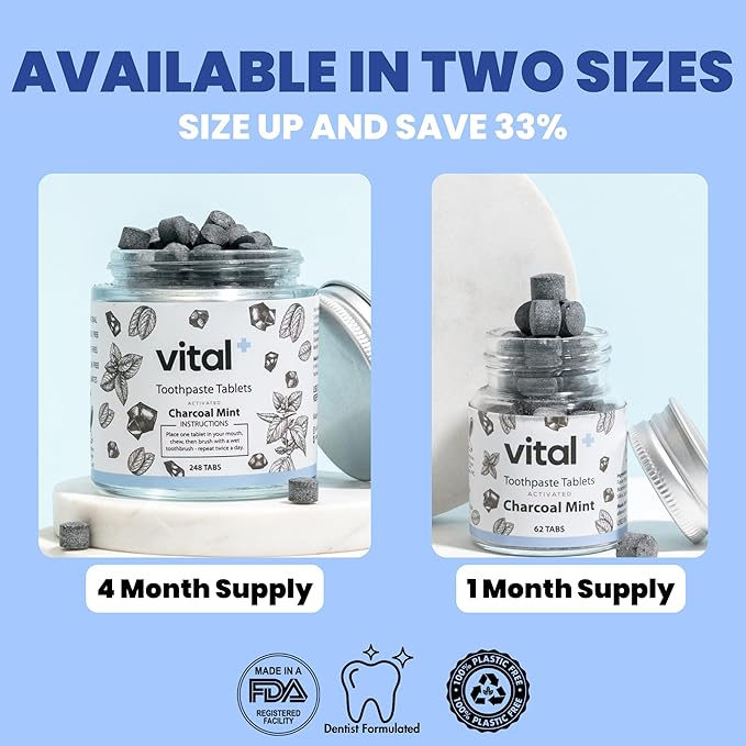 Vital Toothpaste Tabs with Nano-Hydroxyapatite | Naturally Whitens + Remineralizes Teeth | Fluoride & Plastic Free | Combats Sensitivity | Travel & Eco Friendly | Charcoal Mint | 62 Tablets (1 Month)-Ruum Studio Home