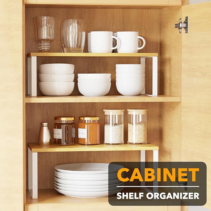 SpaceAid Cabinet Shelf Organizers 2 Pack, Kitchen Counter Rack Shelves Riser, Stackable Expandable Spice Rack, Pantry Cupboard Storage Organization (White and Natural, Long)-Ruum Studio Home