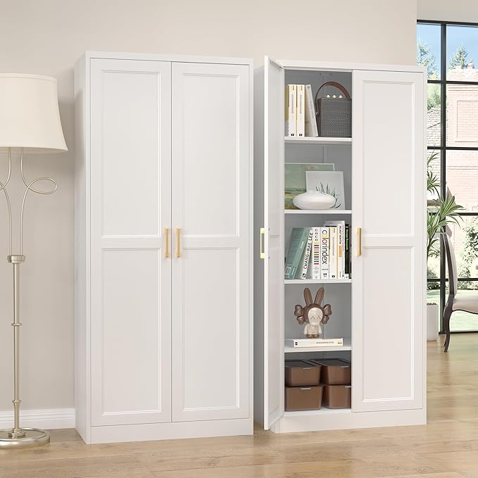 Kitchen Pantry Cabinet,71”White Metal Pantry Storage Cabinet with Doors and 4 Adjustable Shelves,Kitchen Cabinet with 2 Gold Handles,Tall Cabinet for Livingroom,Pantry, Bathroom,Kitchen-Ruum Studio Home