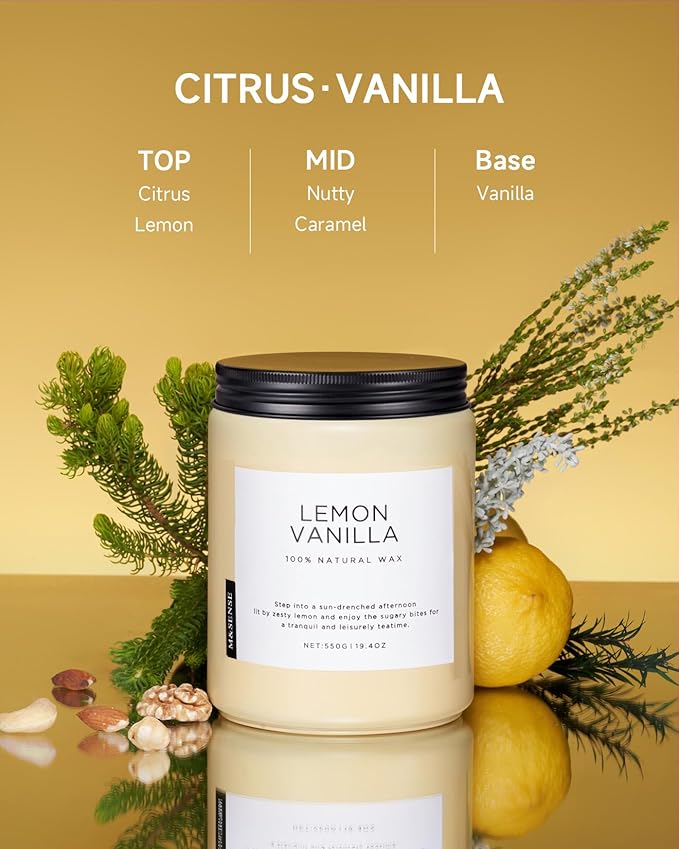 M&SENSE Candles Lemon Vanilla Scented, 19.4oz 110 Hours Long Lasting for Home 2 Wick Natural Soy Wax Non Toxic Candles in Glass Jar, Stress Relief Gifts for Women and Men-Ruum Studio Home