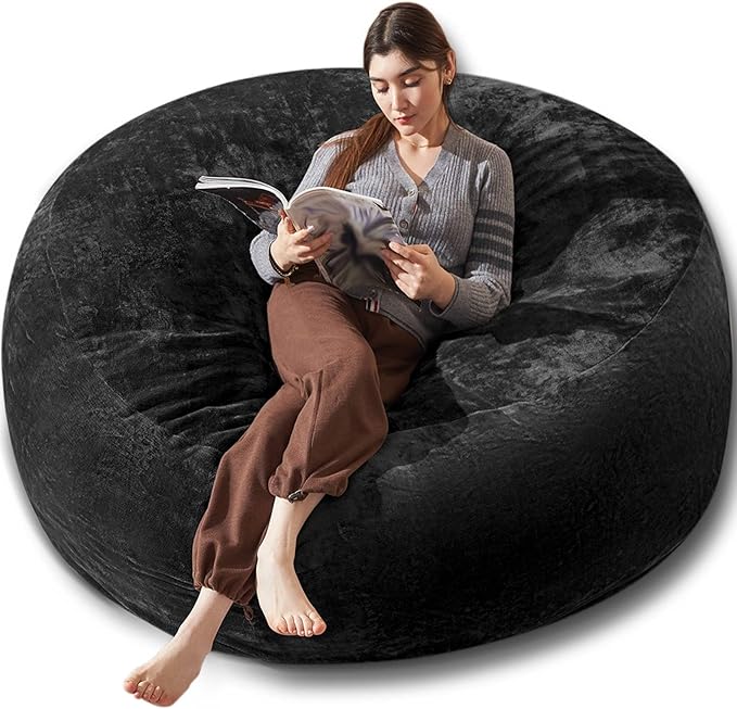 Bean Bag Chair 6Ft, Memory Foam Filled, Large Beanbag Chairs for Adults and Teens, Soft Sofa with Removable Flannel Cover, Round Couch for Living Room Bedroom College Dorm (Black, 6FT-67×67"×24")-Ruum Studio Home