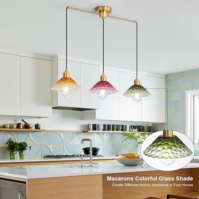 3-Light Pendant Lights Kitchen Island, Ceiling Hanging Lighting Fixtures, Colorful Vintage Glass Shade Pendants, Modern Gold Dining Room Chandeliers Height Adjustable for Farmhouse Living Room-Ruum Studio Home