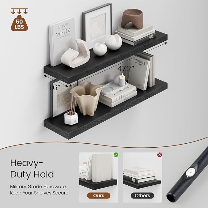 Heimlove 48W x 12D Long Floating Shelf, 12 Inch Deep Black Floating Shelves for Wall Set of 2, Wood Shelves for Bedroom Living Room Bathroom Kitchen Home Office, Wall Shelves with Heavy Duty Bracket-Ruum Studio Home