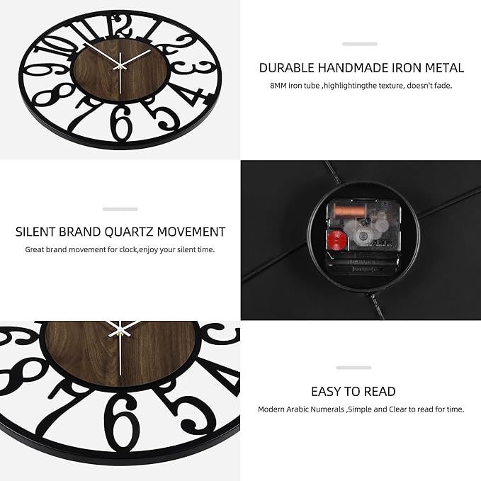 Maxstar Round Wall Clock for Living Room Decor Battery Operated Non Ticking Black Metal Wood Clocks for Home Living Room Garden Office Kitchen Decoration -16 inch-Ruum Studio Home