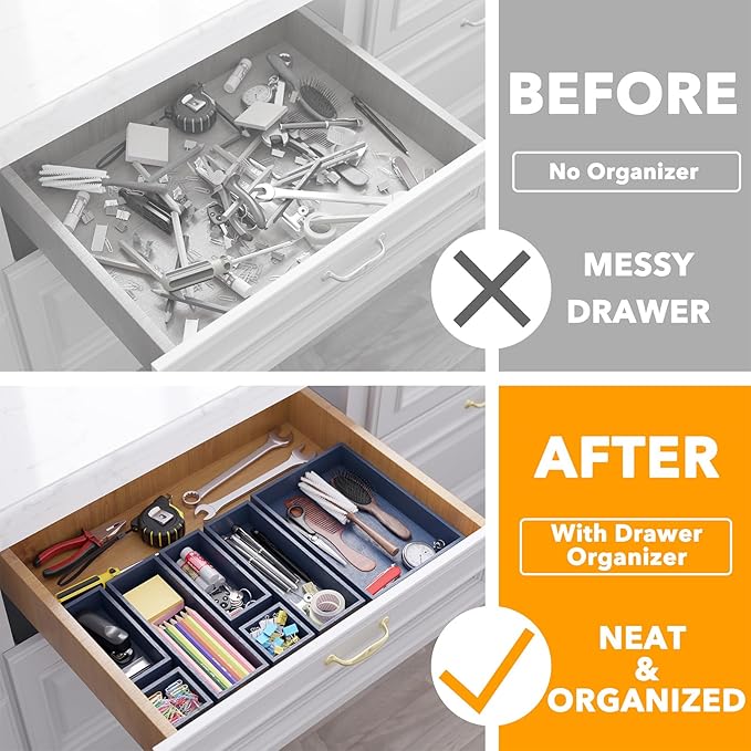 SpaceAid 7-Piece Bamboo Drawer Organizer Storage Boxes Set, Wood Tray Junk Drawer Organizers Multi-Use Divider Bins for Kitchen, Bathroom, Office Desk and Makeup Organization (7 Pack, Navy Blue)-Ruum Studio Home