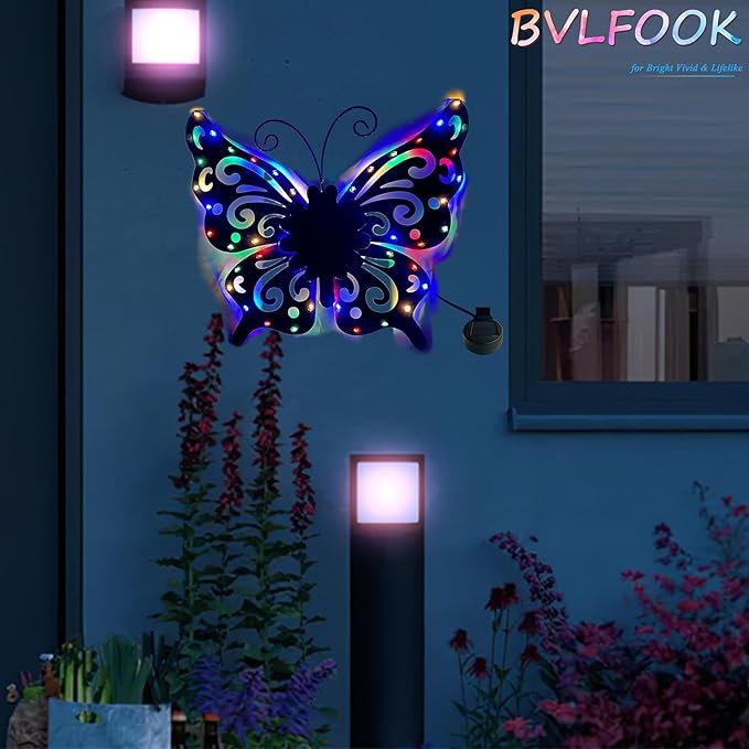 Solar Garden Light, Metal Butterfly Wall Art, 19" Large Hanging Decor for Garden Patio Fences Porch Yard Art Outdoor Wall Decor, Weatherproof Decorative Lighting, Housewarming Wedding Birthday Gift-Ruum Studio Home