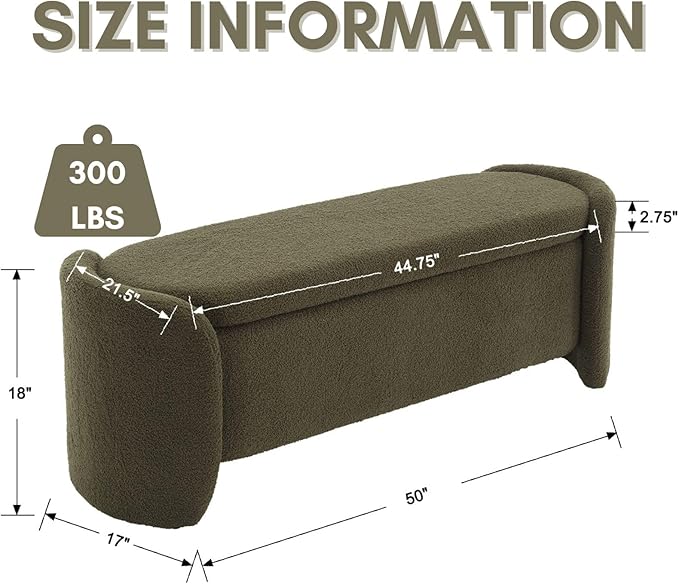 ROCTY Green Boucle Storage Bench - 50" Sherpa End of Bed Ottoman with Seating and Storage for Bedroom, Entryway, Living Room, Vanity or Makeup Room - Teddy Fabric-Ruum Studio Home