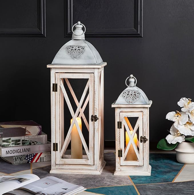 Set of 2 Large Farmhouse Wooden Metal Lanterns, Rustic Decorative Floor Candle Lanterns, Whitewash Distressed Hanging Lanterns for Home Decor (No Glass)-Ruum Studio Home
