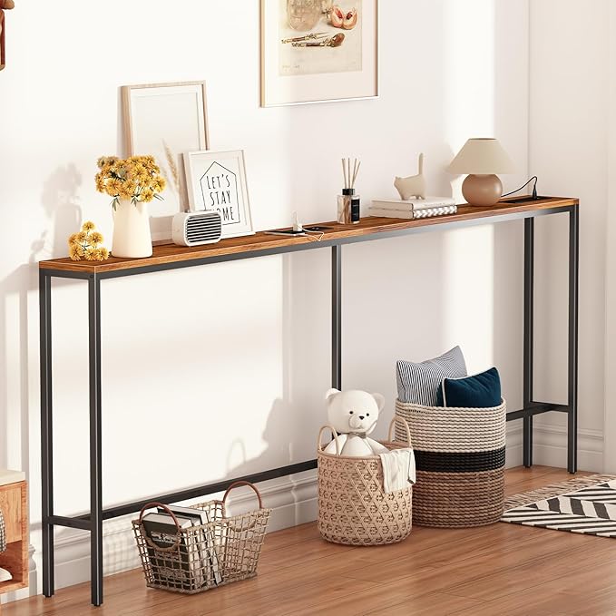 Narrow Sofa Table with 2 Power Outlets, 71” Thin Console Tables Narrow Long, Behind Couch Table Skinny, Wood Console Tables for Entryway, Living Room, Hallway, Foyer, Rustic Brown-Ruum Studio Home