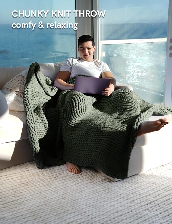 YnM Chunky Throw Blanket, Medium-Weight, Hand Knitted, Skin Friendly, Ventilated and Breathable, Machine Washable, Home Décor Piece for Couch, Sofa and Bed (Olive, 60x80 Inch)-Ruum Studio Home