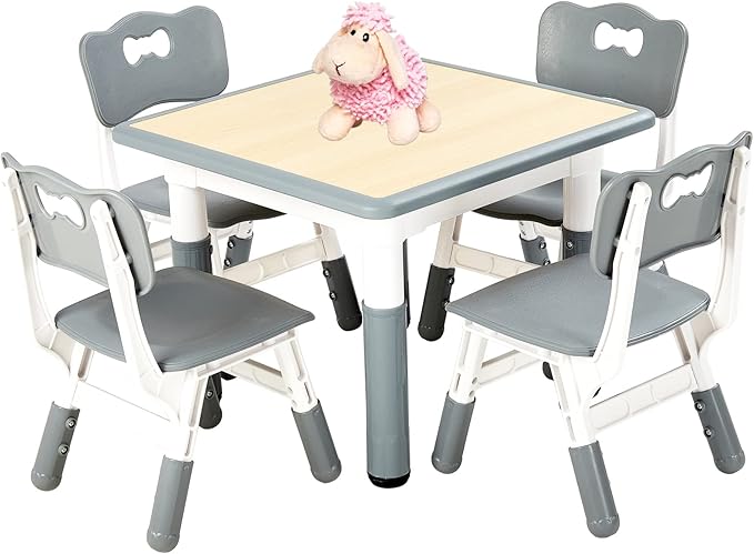 FUNLIO Kids Table and 4 Chairs Set, Height Adjustable Toddler Table and Chair Set for Ages 3-8, Easy to Wipe Arts & Crafts Table, for Classrooms/Daycares/Homes, CPC & CE Approved (5-Piece Set) - Gray-Ruum Studio Home