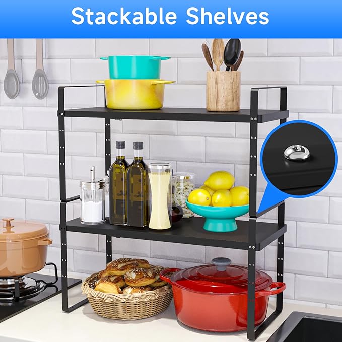Expandable Cabinet Shelf Organizer, Stackable Kitchen Pantry Counter Storage, Adjustable Closet Cupboard Stand Rack Risers Spice Organization 80LBS Heavy Duty Black Small 1 Pack-Ruum Studio Home